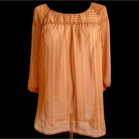 NWOT- Lauren Conrad Women's Orange w/Wht Polka Dot Sheer Top - Picture 1 of 3